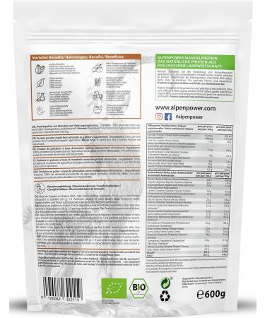 Alpenpower Organic Almond Protein Powder 600g | Vegan Gluten-Free 50% Protein | Rich in Calcium & Vitamins | 100% Organic Almonds - Buy Online on GoSupps.com