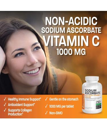 Sodium Ascorbate 1000mg Tablets - Non Acidic Vitamin C Supplement for Immune Support - Gentle on Stomach, Powerful Antioxidant - 250 Count - Buy Online on GoSupps.com
