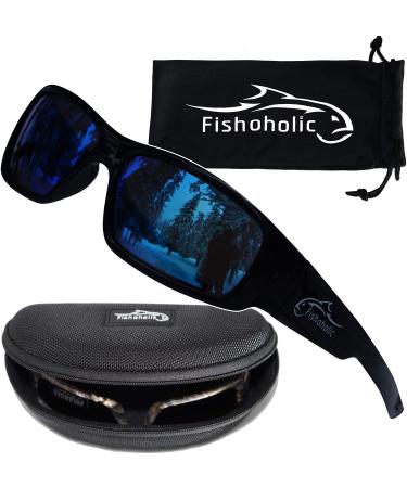 Fishoholic Polarized Fishing Sunglasses -5 Color Options- w Case Pouch UV400 Fishing Gift Gloss Black Blue Mirror