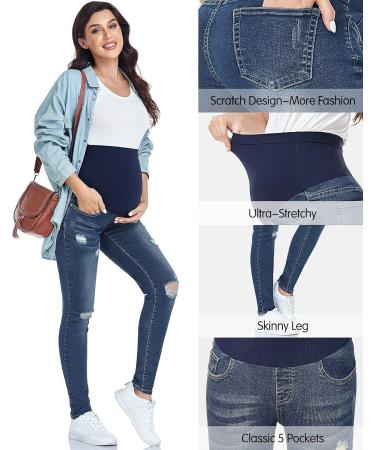 PACBREEZE Maternity Jeans Over Belly Slim High Waist Denim Pants, Ripped Indigo Blue XXL - Buy Online on GoSupps.com