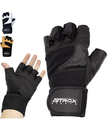NetroxSports Professional fitness gloves with wrist bandage for heavy weights |Real leather |Strength training & bodybuilding for men and women - 1 year guarantee black M - Buy Online on GoSupps.com