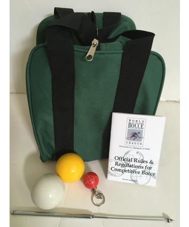 Unique Bocce Ball Accessories Package - Extra Heavy Duty Nylon Bocce Bag (Green with Black Handles), Yellow and White pallinas, Extendable Measuring Device, Rule Book and Keychain