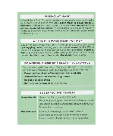 L'Oreal Pure-Clay Mask - Purify & Mattify with 3 Clays + Eucalyptus | 1.7 oz - Buy Online on GoSupps.com