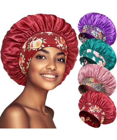 4 Pack Satin Bonnet Silk Bonnet for Sleeping Bonnets for Black Women Hair Bonnet for Sleeping Silk Sleep Cap Wide Soft Band Bonnet for Curly Hair Set C