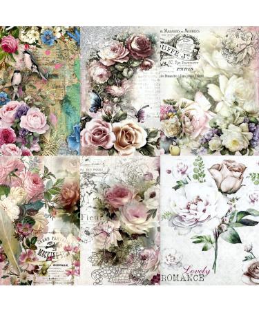 Rose Theme Mulberry Rice Paper, 8 x 10.5 inch - 6 x Different Printed Mulberry Paper Images 30gsm Visible Fibres for Decoupage Crafts Mixed Media Collage Art
