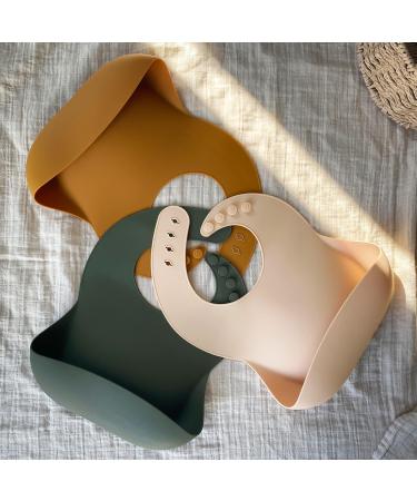 Silicone Baby Bibs 3Pcs Set for Babies and Toddlers - Waterproof, BPA Free, Adjustable with Food Crumb Catcher Pocket - Cream/Buck/Olive Green - Buy Online on GoSupps.com