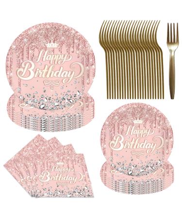 SZITW Birthday Party Tableware Set - 92PCS Pink Rose Gold Decorations for Women