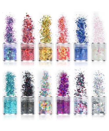 12 Colors Festival Face Glitzer Body Chunky Glitzer for Face MakeUp Hands Nails Eyes Hair and DIY Crafts MakeUp glitter with cardiac star hexagonal round shapes and powder - Buy Online on GoSupps.com