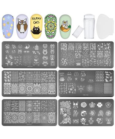 NICENEEDED 8Pcs Nail Art Stamping Kit Nail Cat Stamping with 6Pcs Animal Nail Art Plates Tool and 1 Stamper and 1 Scraper for Image Stamp Templates Stamper Set DIY Design Print Salon