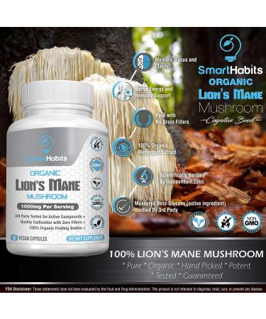 Organic Lions Mane Mushroom Capsules 1000mg - Nootropic Superfood Supplement for Brain, Nerve, and Immune Support - Non-GMO, Gluten-Free, Vegan - 3rd Party Tested - Buy Online on GoSupps.com