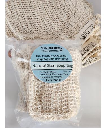 Spa Pure Natural Sisal Exfoliating Soap Bag: Drawstring Bag for Soap Bars Gently Exfoliates Extends The Life of Your Soap Bars Handmade Soap Storage Bag (5 Count) Pack of 1) (4 x 6) 1 Count (Pack of 5)