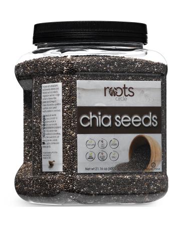 Roots Circle Non-GMO Chia Seeds | Raw Superfood, Vegan, Kosher, Gluten-Free, Nut-Free, Keto, Paleo & Whole30 Friendly | Add Omega 3 & Protein to Salad, Smoothie, Oatmeal, Acai Bowl | 21oz Airtight Jar 1.3 Pounds