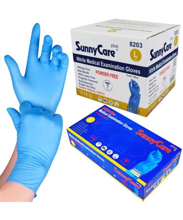 SunnyCare 1000 8203 Blue Nitrile Medical Exam Gloves Powder Free Chemo-Rated (Non Vinyl Latex) 100/box 10boxes/case Size: Large