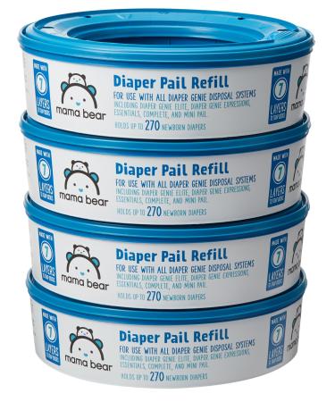 Amazon Brand - Mama Bear Diaper Pail Refills for Diaper Genie Pails, 1080 Count (4 Packs of 270 Count) 270 Count (Pack of 4) Diaper Pail Refills Only