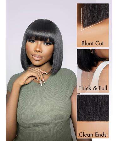 LUVME HAIR 10 Inch Light Yaki Bob Wig with Bangs | Realistic HD Lace Black Bob Wigs | Glueless 180 Density Blunt Cut Human Hair - Buy Online on GoSupps.com