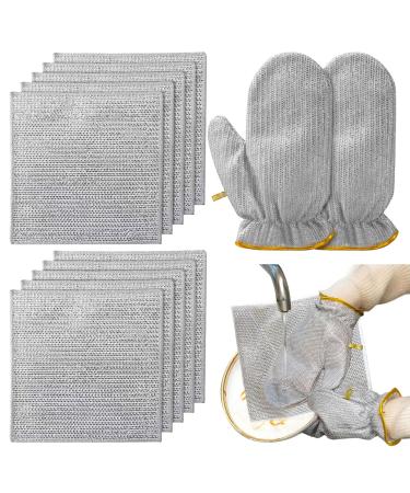 Multipurpose Wire Dishwashing Rags with Gloves - 10 Pack Non Scratch Mesh Cleaner Dishcloth Double Layer Cleaning Pads for Kitchen Pots Pans Sinks