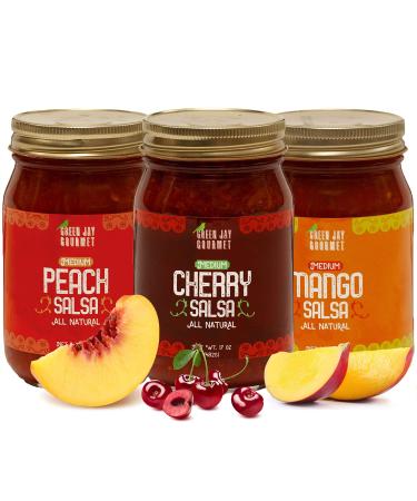 Green Jay Gourmet Fruity Favorites Salsa Variety Pack - Cherry Salsa, Peach Salsa, Mango Salsa - Fruit Salsa Gift Set - Medium Heat Picante Salsa - Gluten-Free Gourmet Salsa Dip - 17 Ounces, Pack of 3 Variety Fruity 1.06 Pound (Pack of 3)