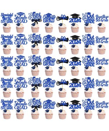 40Pcs 5th Grade Graduation Cupcake Toppers Graduation Cupcake Toppers 2024 Blue Glitter 5th Grade Graduation Party Decorations 2024 Class of 2024 Cupcake Topper for Grade Graduation Party Supplies Bblue