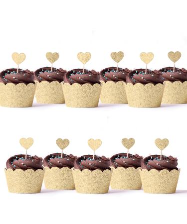 24pcs Cupcake Toppers Gold Glitter Cake Decorating Toppers Heart Toppers for Birthday Valentines Wedding Cake Decorations Cupcake Toppers (Heart Toppers)