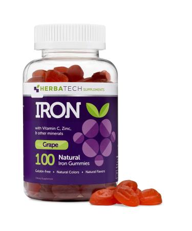 Iron Gummies for Adults and Kids, Chewable Multivitamin Supplement with Iron, Vitamin C, A, B, Zinc, Folic Acid, and Biotin (Grape Flavored) Vegan Safe, Made in The USA from HERBATECH