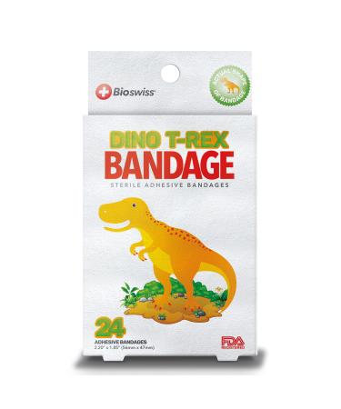 BioSwiss Kids Bandaids | 24pcs Self-Adhesive Sterile Unique Shaped Bandages Colorful Funny Cute Toddler Girls & Boys, Adults First Aid, Protect Scrapes and Cuts | Wellness for Everyone (Dino T-Rex)