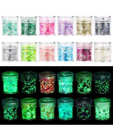 AOOWU Chunky Glitter 12 Colors Luminous Festival Glitter Nail Glitter Powder Holographic Cosmetic Glitter for Face Body Eye Hair Nail and DIY Art (B)