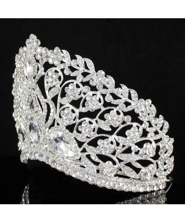 Janefashions Large Floral Rhinestone Tiara Crown Headpiece | Beauty Queen Princess Pageant | Bridal Silver T901 - Buy Online on GoSupps.com