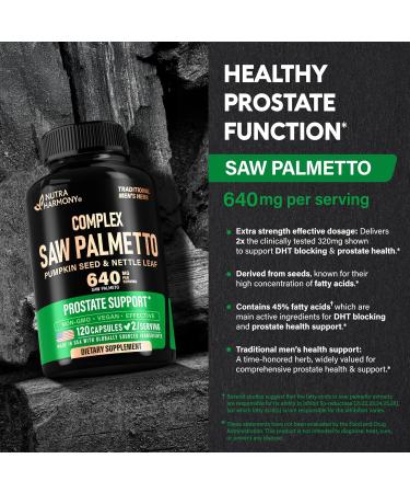 Saw Palmetto for Men 640mg - Pumpkin Seed | Nettle | Zinc & Pygeum - Prostate Health & Urinary Supplement - DHT Blocking & Hair Support - 45% Fatty Acids Clinical Strength - Made in USA 120 Capsules 120 Count (Pack of 1) - Buy Online on GoSupps.com