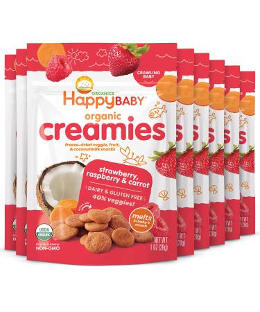 Happy Creamies Family Baby Organic Creamies Freeze-Dried Veggie & Fruit Snacks with Coconut Milk Strawberry Raspberry & Carrot, 1 Ounce (Pack of 8)