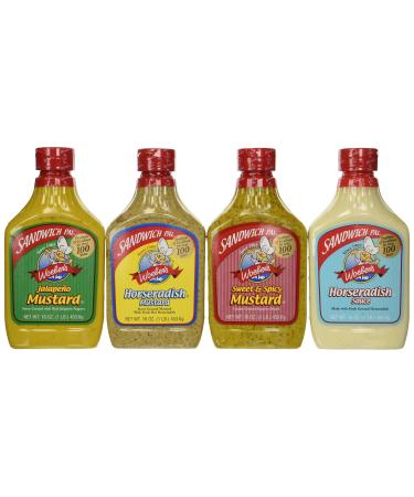 Woeber's Sandwich Pal 4 Flavor Variety Bundle: (1) Horseradish Mustard, (1) Sweet & Spicy Mustard, (1) Jalapeno Mustard & (1) Horseradish Sauce, 16 Oz. Ea. 16 Ounce (Pack of 4)