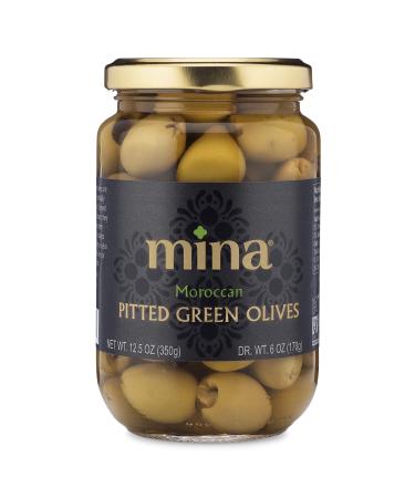 Mina Pitted Green Olives, Premium Handpicked and Naturally Cured - Gluten Free, Low Carb, Vegan - Great Keto Snacks to Go, 12.5 oz