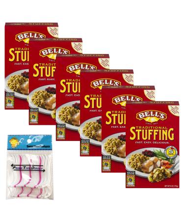 Bell's Traditional Ready Mixed Stuffing 6 Oz (Pack of 6) Bundle with PrimeTime Direct 20ct Dental Flossers in a PTD Bag