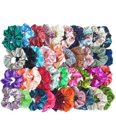 Homerove 40pcs Hair Scrunchies Velvet Chiffon Cotton and Satin Elastic Hair Bands Scrunchy Hair Ties Ropes for Women or Girls Hair Accessories - 8 Vintage Velvet/5 Solid Colors Chiffon/5 Soft Flowered Cotton/22 Satin
