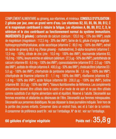 Multivitamins and Minerals - Unique Formula with Ginseng - Vitamins B1 B3 B6 B9 B12 C D3 Iron and Calcium - Energy Vitality Power - Made in France - Nutrimea - Buy Online on GoSupps.com