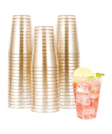 JOLLY CHEF 50pcs 14OZ Gold Plastic Cups, Disposable Gold Glitter Plastic Cups, Clear Plastic Cups Tumblers, Wedding Cups Party Cups,Ideal for Hall oween, Thanksgiving,Christmas 14-Glitter-50