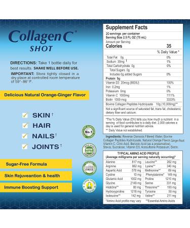 CollagenC Skin Glow Shot 20 Pack - Collagen 10g, Vitamin C 1000mg, Biotin 1000mcg, Vitamin D 800 IU - Natural Orange-Ginger Flavor - 2.5oz Bottle - Buy Online on GoSupps.com