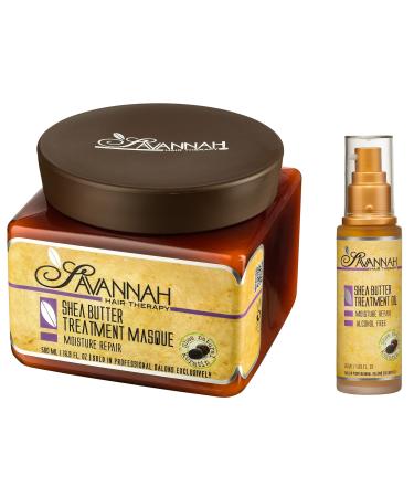 Savannah Hair Therapy Bundle - Shea Butter Treatment Oil 1.69 oz (50ml) + Hair Mask 16.9 oz (500ml) Deep Conditioner Natural Keratin Treatment for Dry Damaged hair vitamin B6 Sodium Chloride Free.