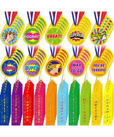 100 Pieces Winner Award Medal and Ribbons for Awards for Kids Participant Ribbons Plastic Award Medals for Kids Competition Sports Event School Contest Gymnastic Office Team