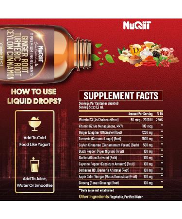 11in1 Liquid Ginger Extract with Vitamin D3 Vitamin K2 Turmeric Ceylon Cinnamon Berberine Extract Garlic Black Pepper - Drops Extract - 1 FL Oz - 2 Month Supply - Buy Online on GoSupps.com