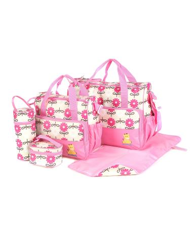 just4baby Laminated Water Proof Insulated Thermal 5pcs Baby Nappy Changing Hospital Bag (Pink Flower)