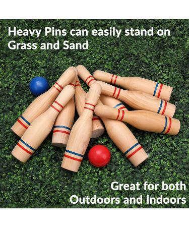 Sterling Sports Premium Wooden Lawn Bowling Skittles Set - 11 Pins with Carrying Mesh Bag - Indoor and Outdoor Game - 10 Heavy Solid Wooden Pins and 2 Balls - Buy Online on GoSupps.com