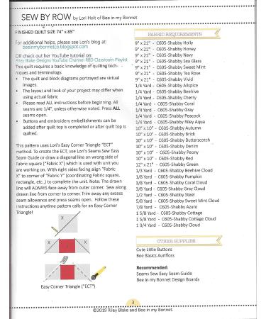 Sew by Row Quilt Pattern by Lori Holt - Bee in my Bonnet - Buy Online on GoSupps.com