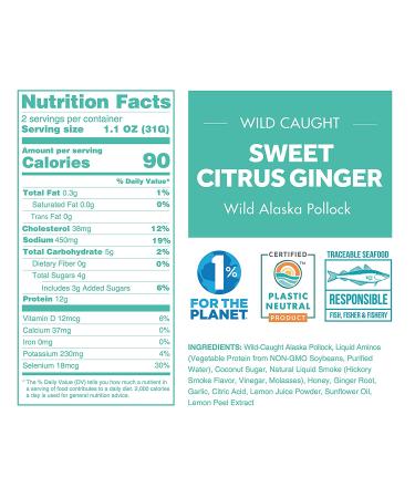 Neptune Wild Alaska Pollock Fish Jerky - Sweet Citrus Ginger - 2.2oz - Organic, Gluten-Free, Paleo - 25g Protein, 450mg Omega 3s - Sustainably Sourced - Small US Fisheries - Buy Online on GoSupps.com