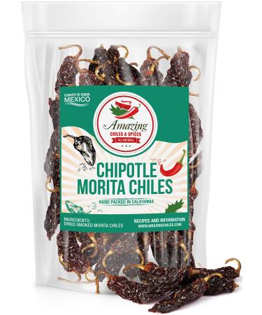 Dried Chipotle Morita Chile Peppers 5 oz  Robust Smokey Flavor, Use For Mexican Recipes, Mole, Sauces, Tamales, Salsa, Meats, Stews. Medium to High Heat - Resealable Bag. By Amazing Chiles and Spices 5 Ounce (Pack of 1)
