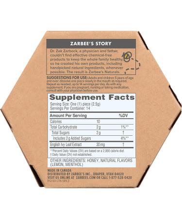 Zarbee's Naturals Honey Cough Soothers with Ivy Leaf - 16.8 Oz, 14 Count, Lemon Menthol - Buy Online on GoSupps.com