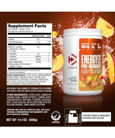 Dymatize Energyze Pre Workout Powder for Men and Women Peach Mango 150mg Caffeine 5g BCAAs Performance Blend of L-Theanine L-Tyrosine L-Citrulline No Sugar (30 Servings) Peach Mango 13 Ounce (Pack of 1) - Buy Online on GoSupps.com