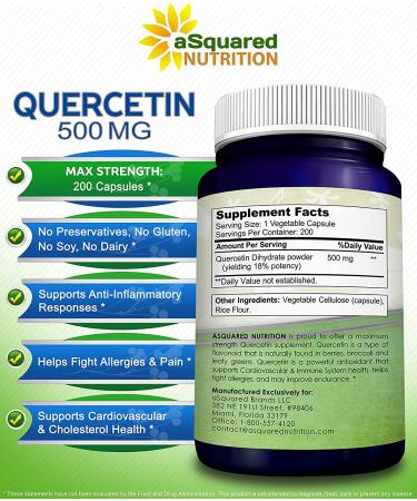 Quercetin 500mg Supplement - 200 Capsules - Cardiovascular & Immune Support - Buy Online on GoSupps.com