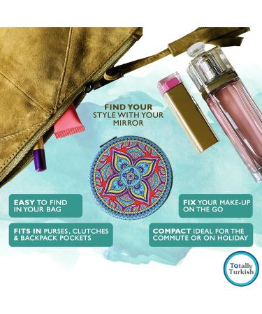 Turkish Metal Compact Mirror - Small Round Mirror with Magnetic Close, 1x & 2x Magnification for Handbags - Bright & Funky Geometric Pattern - Ideal for Travel and Commutes - Buy Online on GoSupps.com
