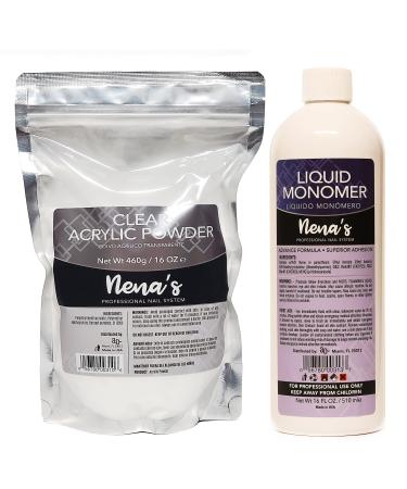 Nena's 16oz Acrylic Liquid monomer + 16oz Clear Acrylic Powder Made in USA Clear Pink (Clear)