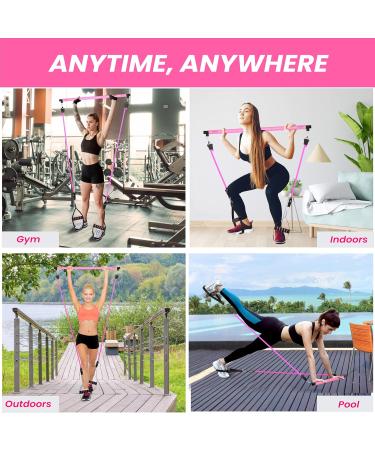 Multipurpose Yoga Pilates Bar Set with Resistance Bands & Jump Rope | Travel-Friendly Home Gym Equipment for All Heights | Complete Body Fitness Workout in Pink - Buy Online on GoSupps.com
